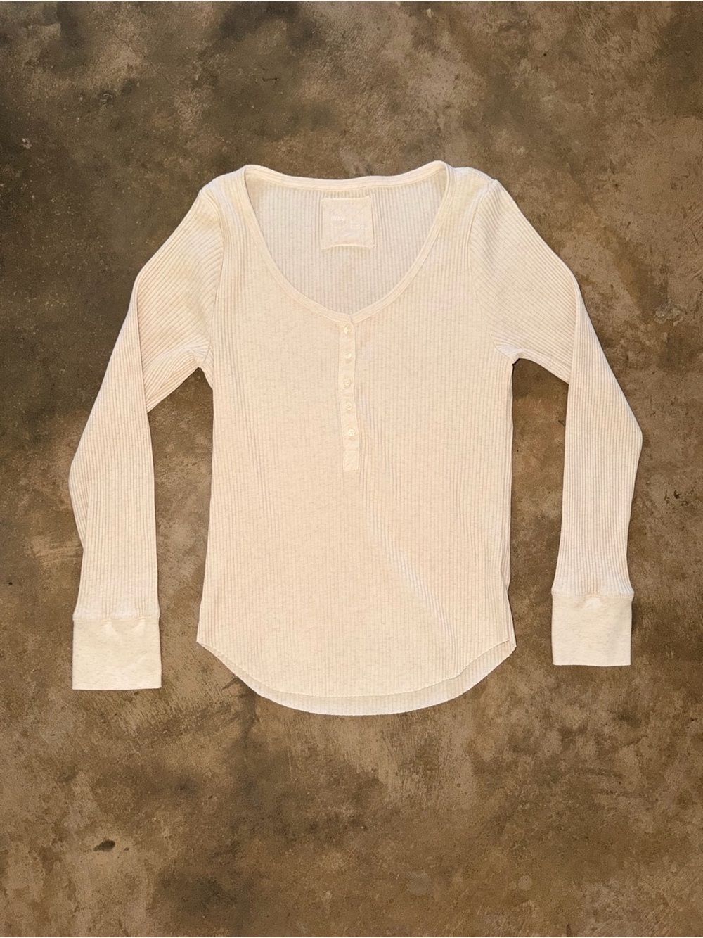 Aerie XL Cream Ribbed Henley Long Sleeve Top Fitted Stretch Cotton Basic